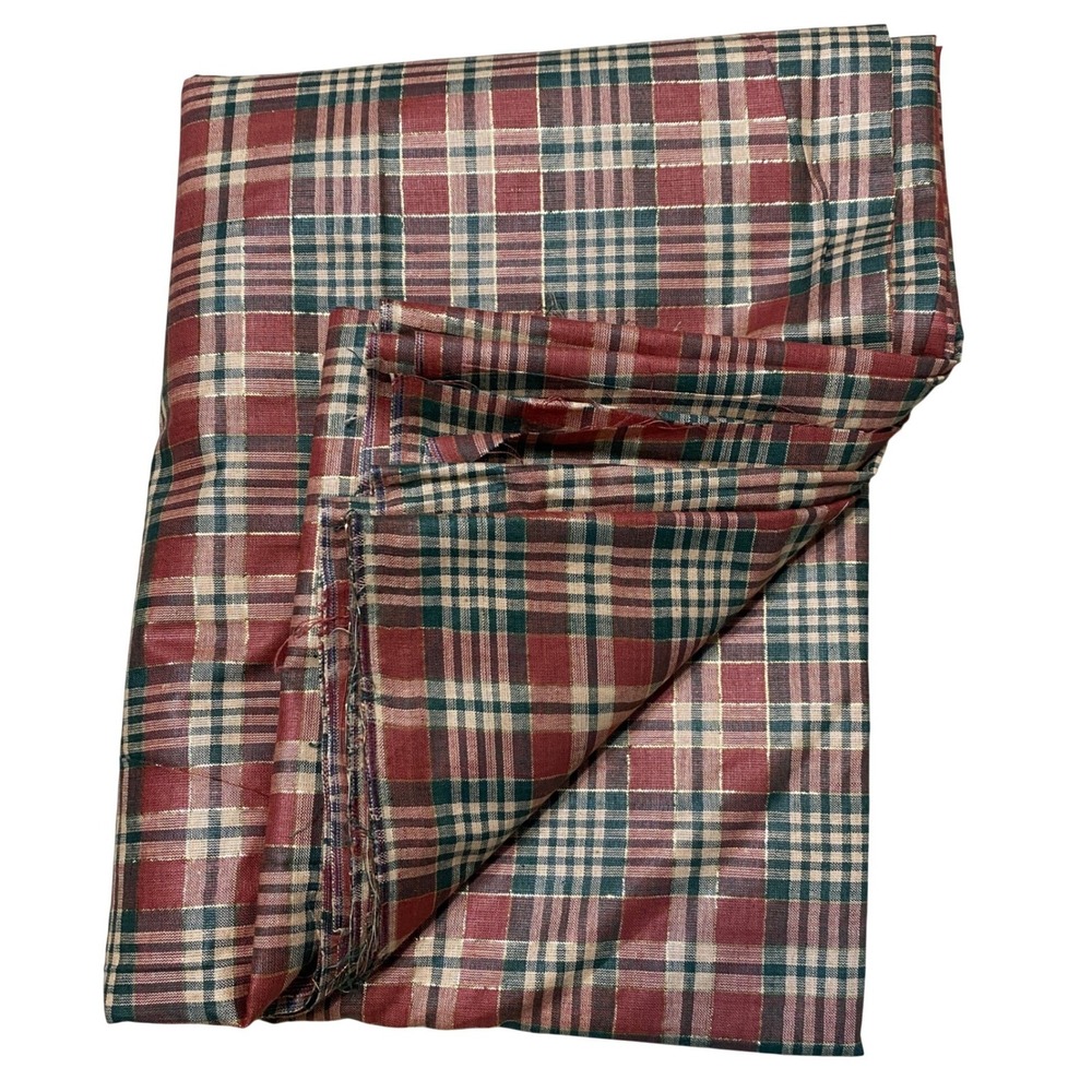 Vtg 90s Red Green Plaid Fabric Remnant Gold Metallic 4 yds Christmas Holiday